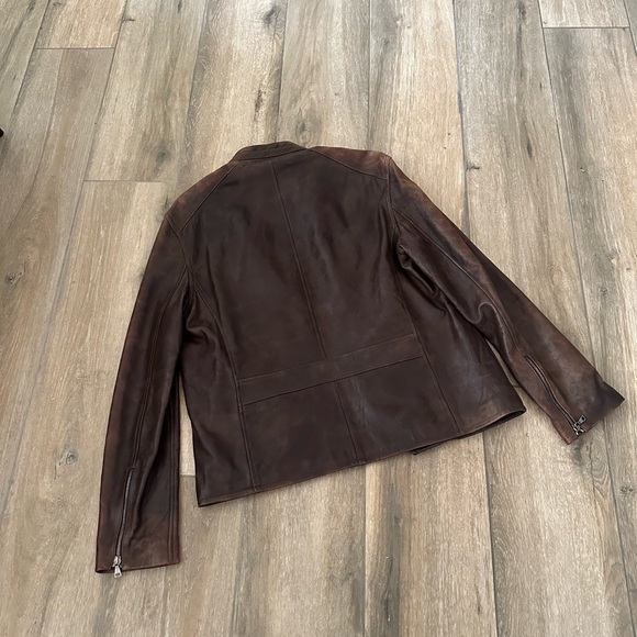 John Varvatos Leather Jacket Mens 48 Brown Leather Bomber Buttons double zip - Picture 12 of 16